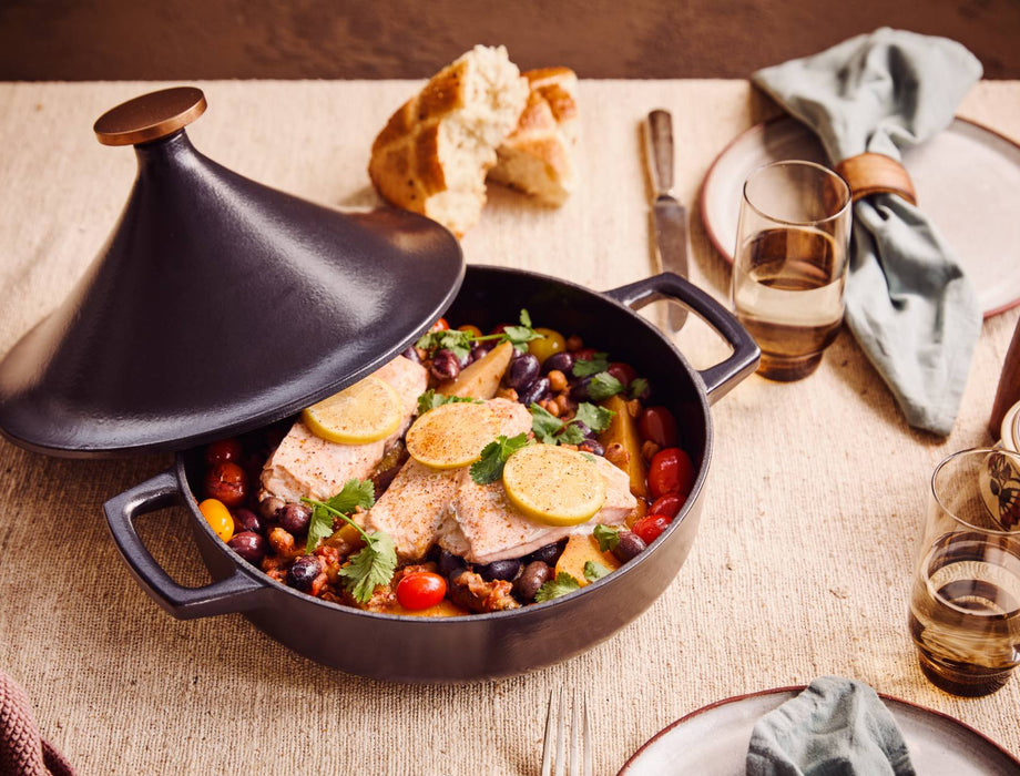 Tajine met zalm en olijven