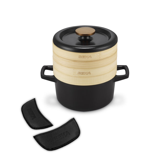 Nori 2-piece set: 20cm Dutch oven with steaming baskets and leather grips