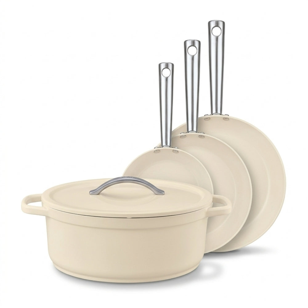 4-teiliges Set: Cicla Antihaftpfanne 20, 24, 28 cm & Plume ovaler Schmortopf 31 cm