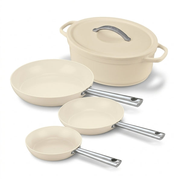 4-piece set: Cicla non-stick frying pan 20, 24, 28 cm & Plume oval Dutch oven 31 cm