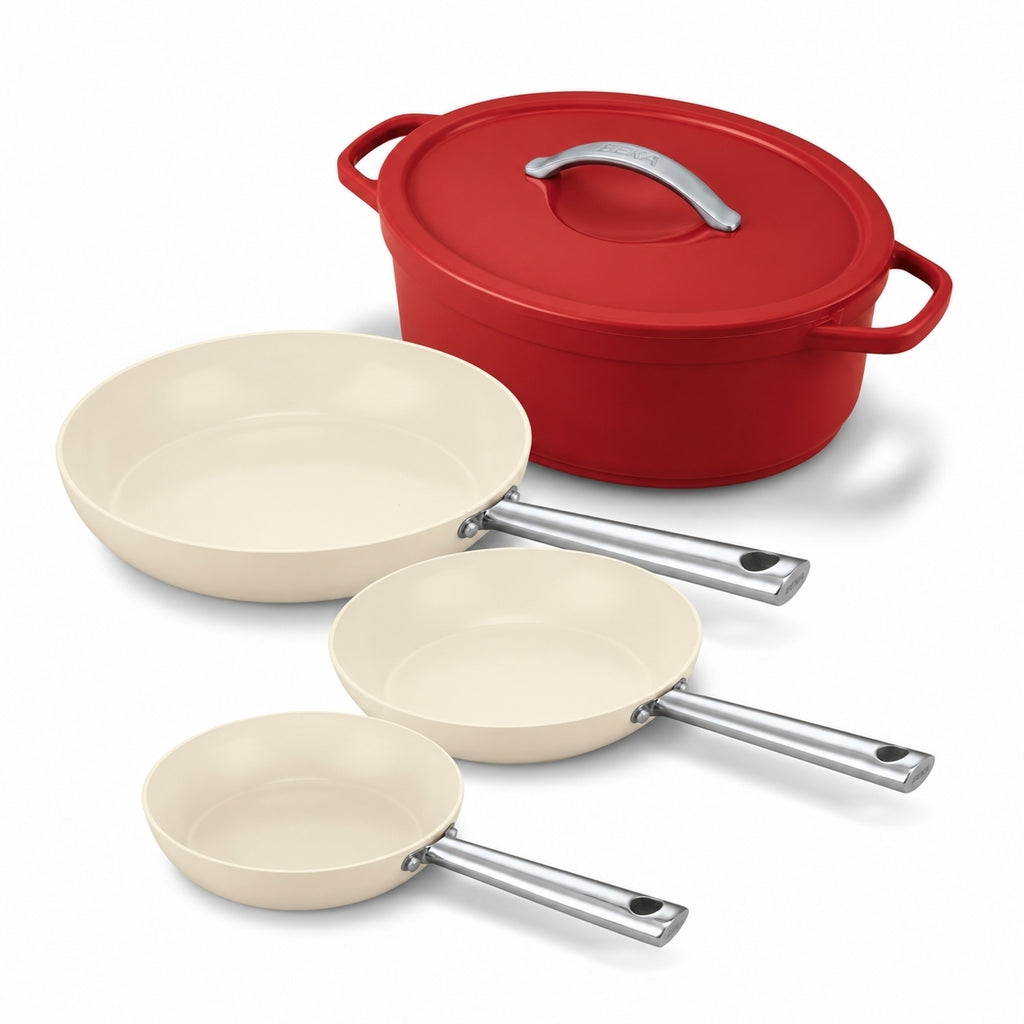 4-piece set: Cicla non-stick frying pan 20, 24, 28 cm & Plume oval Dutch oven 31 cm