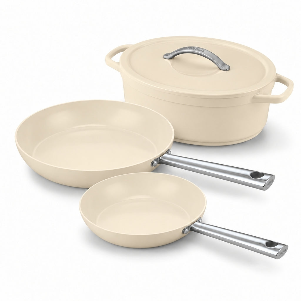 Set de 3 pièces: Poêle antiadhésive Cicla 24, 28 cm & Cocotte ovale Plume 31 cm