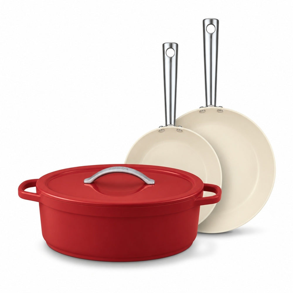 Set de 3 pièces: Poêle antiadhésive Cicla 24, 28 cm & Cocotte ovale Plume 31 cm