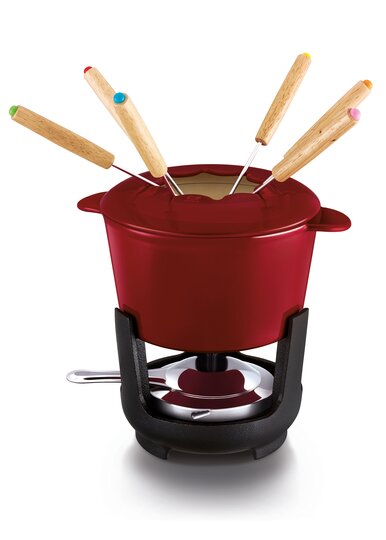 Navaris cast iron fondue set ⌀21 cm - With 6 fondue forks and burner - For cheese fondue, chocolate fondue and raclette - Cast iron, stainless steel and wood Navaris cast iron fondue set ⌀21 cm - With 6 fondue forks and burner - For cheese fondue, chocolate fondue and raclette - Cast iron, stainless steel and wood
