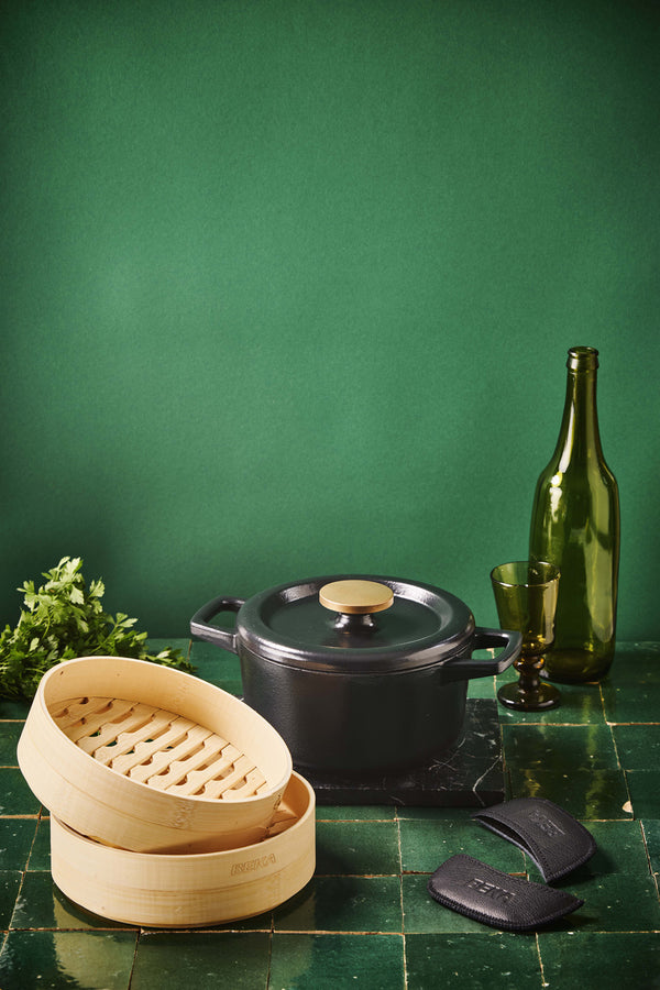 Nori Duo – Stoofpot met stoommandjes 20 cm + Lederen grepen