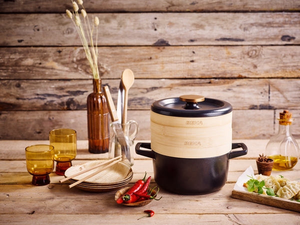 Nori 2-piece set: 20cm Dutch oven with steaming baskets and leather grips